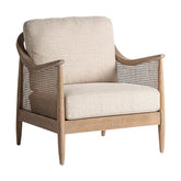 Tömör kőrisfából készült, rattanszövettel kialakított, bézs színű szövettel kárpitozott, formatervezett kortárs fotel.